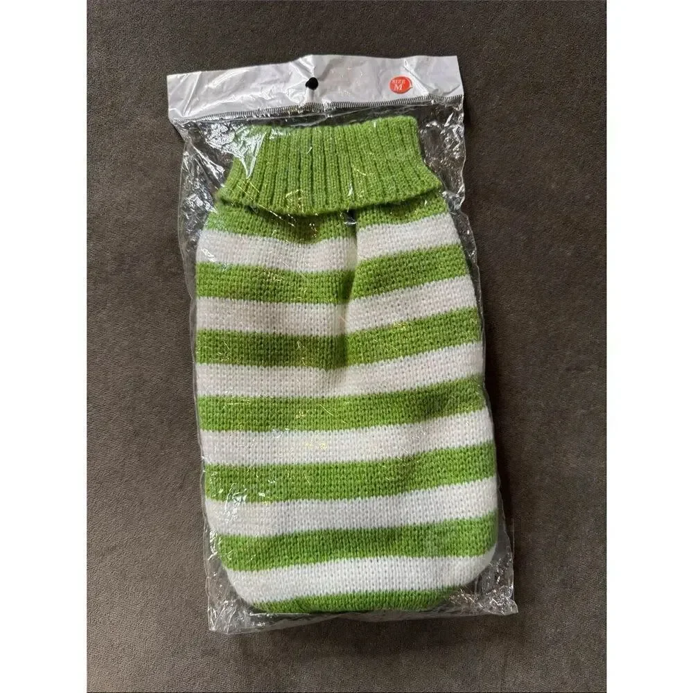 Green and White Striped Knit Pet Dog Cat Sweater Ribbed Turtle Neck Size M NEW